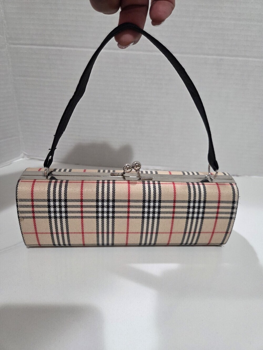 Others Follow Beige Plaid Clutch with Black Handle